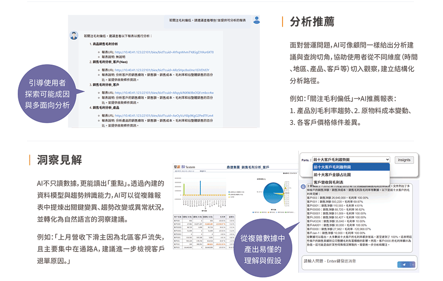 引導探因多元解析像顧問般給出分析建議，引導多維切角，建立分析路徑。數據讀出「重點」從複雜數據中提煉關鍵變異與異常，並轉化為易懂的洞察建議。
